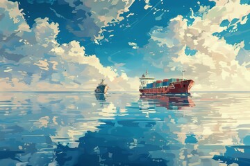 cargo transportation. two ship with containers at the sea with clouds and reflection