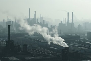 The factory is emitting toxic fumes architecture pollution cityscape.