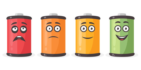 Low Battery and Full Battery Character Icon Set. Funny Cartoon Battery Characters with Full, Slightly Depleted, Nearly Depleted and Completely Depleted Low Charge. Vector Illustration
