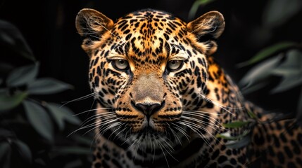 Leopard on a black background creates a stunning and attractive image. The sleek pattern of a leopard. His eyes stared fiercely. and its powerful appearance stands out in the darkness.