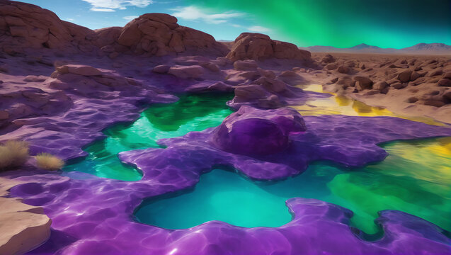Ethereal images of liquid pools reflecting mystical hues such as amethyst purple, emerald green, sapphire blue, and topaz yellow, slowly spreading and merging on a background ULTRA HD 8K