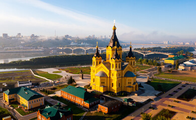 Aerial photo of Alexander Nevsky Cathedral in Nizhny Novgorod and Oka River embankment.