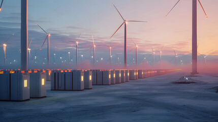 view of a wind turbine spinning in the wind for wind power generation, stored on a modern, sleek battery unit. with a beautiful twilight background - obrazy, fototapety, plakaty