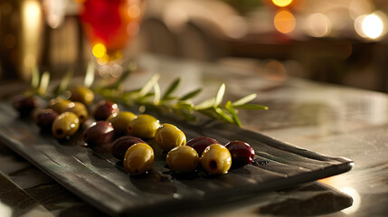 Olives on an elegant black platter on a contemporary dining table. Juicy olives for food enthusiasts on a black platter in an elegant setting.