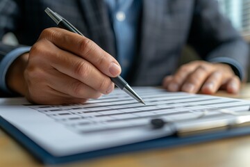 Close up of a man's hand holding a pen and filling in check marks on a to-do list or promotion plan on a virtual laptop screen, business ideas concept with a human working using online technology.