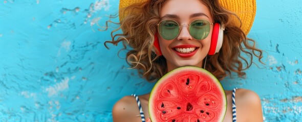  a young woman in sunglasses holding a watermelon on a blue background, wearing a colorful striped...