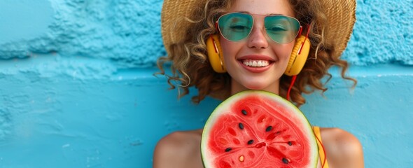 A young woman in sunglasses holding a watermelon on a blue background, wearing a colorful striped...
