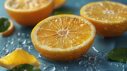Citrus, citrus cut in half, blue sky background, atmospheric lighting, advertising photography, ultra-detailed, ultra-high definition, 16k