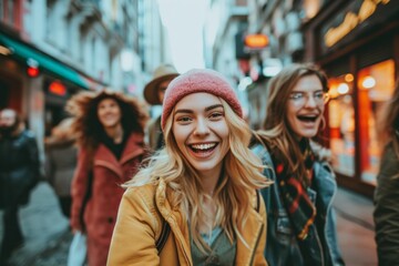 Beautiful young women walking in the city. Smiling and laughing.