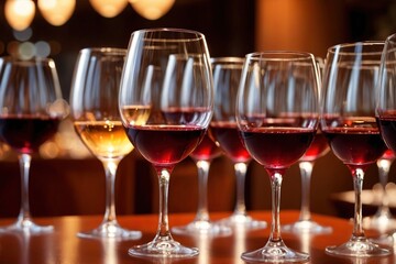 Row of wine glasses in restaurant or dinner party, elegant luxury arrangement