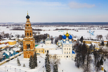 Scenic view from drone of temple complex of Cathedral of Archangel Michael and Church of Jerusalem...