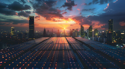 futuristic city view with beautiful sunset light, there is a large solar panel farm in the middle of the city, storing energy into a futuristic battery bank - obrazy, fototapety, plakaty
