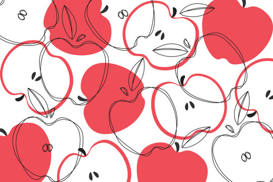 Vector seamless pattern with red apple line art.  Seamless decorative background with red apples. Bright summer design