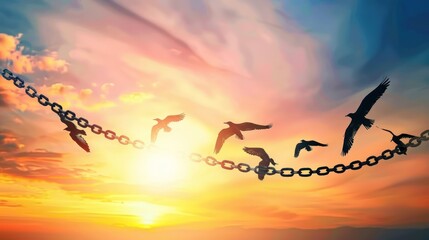 Silhouette of free flying bird and chain against sunset background