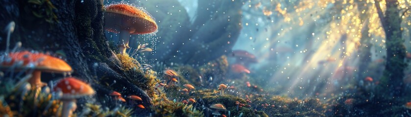 Mystical Glowing Mushrooms in a dense foggy forest - obrazy, fototapety, plakaty