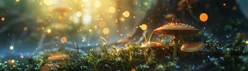 Mystical Glowing Mushrooms in a dense forest - obrazy, fototapety, plakaty