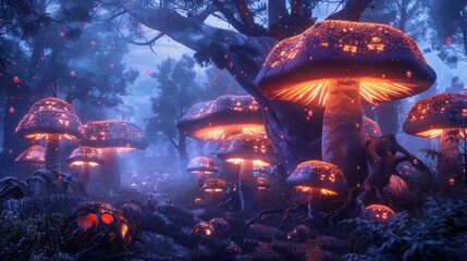 Mystical Glowing Mushrooms - obrazy, fototapety, plakaty
