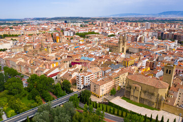 Panoramic aerial view of Logrono city on Ebro river on sunny summer day, Rioja, Spain