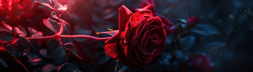A dark red rose with a single light on it