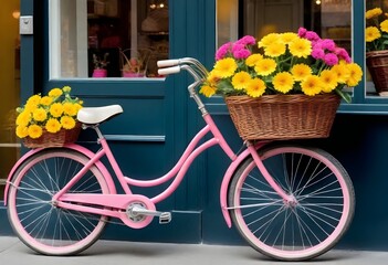 Fototapeta na wymiar A vintage pink bicycle adorned with baskets of vib (17)