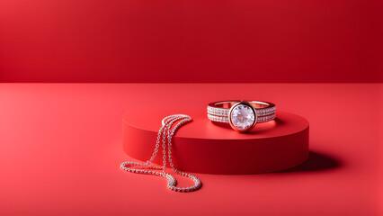 A red background with a gold and white ring and a silver chain