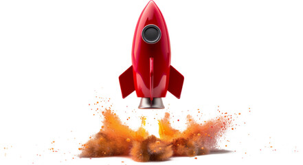Red rocket launching with fiery blast