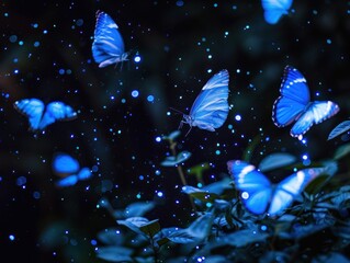 A swarm of blue butterflies in the night.