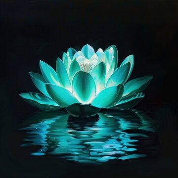 A teal glowing water lily floats on a dark pond.