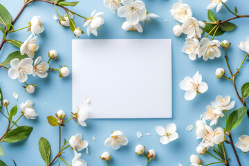 Stylish elegant flat lay blue floristic greeting invitation post card with copy space. - obrazy, fototapety, plakaty