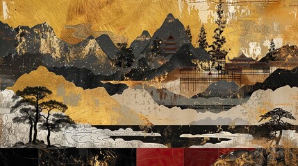 Collage, color block art,mountains and rivers, trees, palace, black+gold, texture matte, Chinese composition, minimalist white space