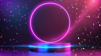 Neon podium for product presentation with disco explosion