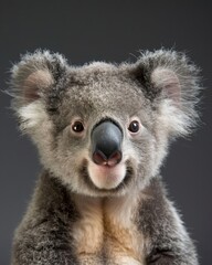 Fototapeta premium Adorable baby wild koala with rim lighting close-up against dark background in natural habitat