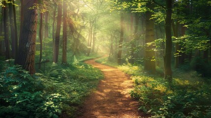 Obraz premium Path in forest with sunlight filtering through trees