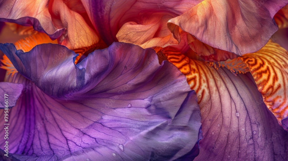 Wall mural purple and orange iris flowers with dew drops