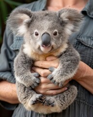 Close-up of adorable baby koala in the arms of an unidentified man against a dark background