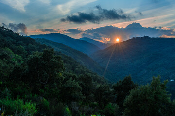 African mountain valley during sunset. Natural summer landscape, Hilly background, Orange sunset in...