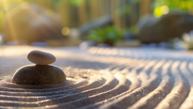 Hazy and ethereal defocused image of a Zen garden with muted tones and gentle lines of raked sand and tered pebbles evoking a soothing sense of calm and balance. .