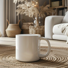 Fototapeta na wymiar white mug mockup in living room setting