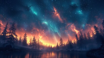 Obraz premium Background illustration of a night sky with a fantastic aurora --ar 16:9 --stylize 750 Job ID: 283b7e61-c519-4472-b868-15e4250edaa1