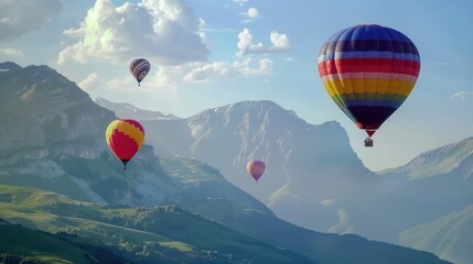 Colorful hot air balloons on a beautiful mountain background - obrazy, fototapety, plakaty