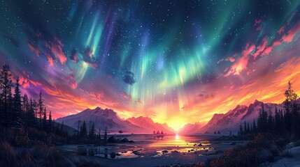 Background illustration of a night sky with a fantastic aurora --ar 16:9 --stylize 750 Job ID: f547eb1c-e536-4e7c-a8f8-04d0e50336ad