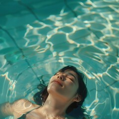 Woman swimming floating sunlight.