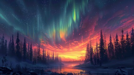 Background illustration of a night sky with a fantastic aurora --ar 16:9 --stylize 750 Job ID: 2e85e5c7-16a9-4cfc-b44a-9fd2ce9691b5