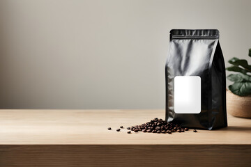 A coffee concept prepared for mockup, with a black coffee package with a white label on a light wooden table