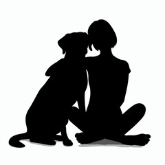 Silhouette of woman holding her dog, companionship and friendship. White background.