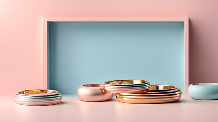 A row of gold and pink bowls are displayed in a blue box
