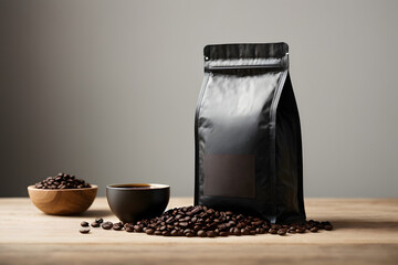 A coffee concept prepared for mockup, with a black coffee package with a brown label on a light wooden table