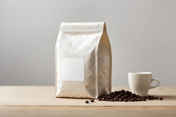 A coffee concept prepared for mockup, with a white coffee package on a light wooden table