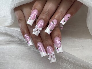 Sweet Strawberry Delight: Long Square Acrylic Nails with Pink Base, White French Tips, and 3D Bow