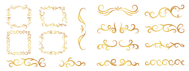 Luxury gold ornate invitation vector set. Collection of ornamental curls, dividers, border, frame, corner, components. Set of elegant design for wedding, menus, certificates, logo design, branding.